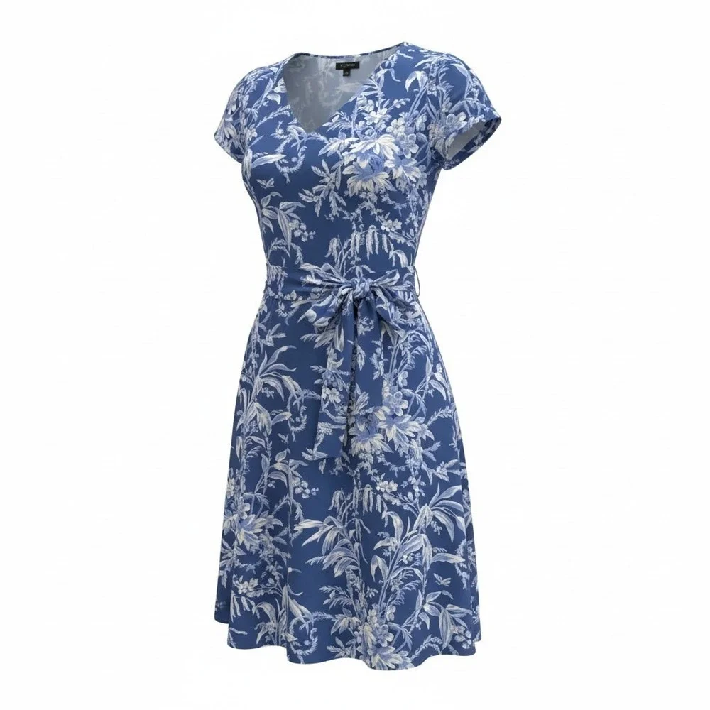 Talbots Petite Blue White Floral Toile Fit & Flare V-Neck Belted Dress 4P - Picture 2 of 4